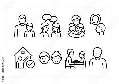 Family Mental Health Icons. Outline icon set of family and mental health: parent support, sibling chat, family