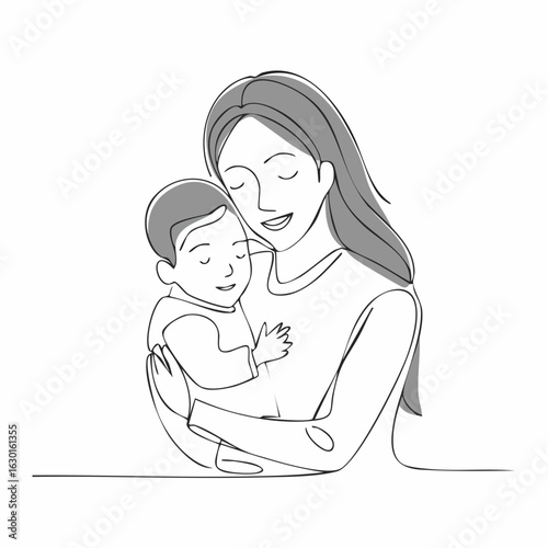 A Tender line art illustration of a loving mother embracing her sleeping baby with warmth and affection, conveying a moment of pure maternal love and peaceful bonding.