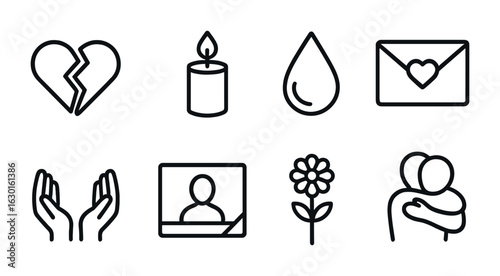 Grief Support Icons. Outline icon set of grief and loss support: broken heart, memory candle, tear icon,