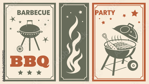 Vintage Barbecue Party Posters with Grill Flames and Stars.