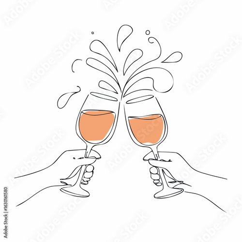Two hands clinking wine glasses filled with orange liquid creating splashes in a minimalist line art illustration style celebrating a toast.