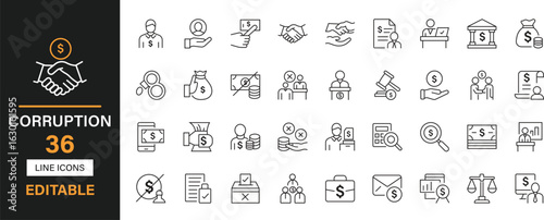 Corruption 36 editable line icons set. Bribery, fraud, crime, money, illegal, blackmail, extortion, embezzlement, scam and solid icons.