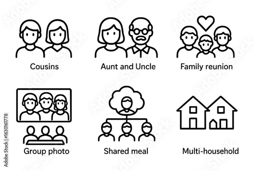 Extended Family Icons. Outline icon set of extended family: cousins icon, aunt and uncle, family reunion,