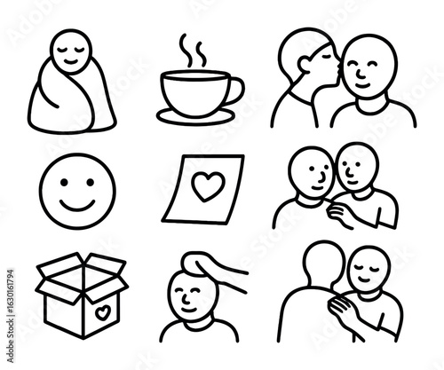 Caring Gesture Icons. Outline icon set of caring gestures: warm blanket, tea cup, forehead kiss, shoulder rub,
