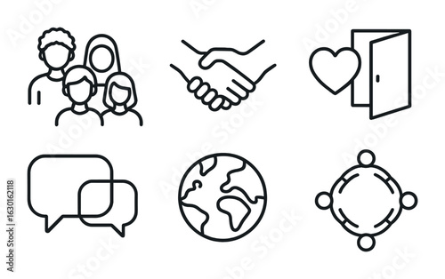 Diversity Icon Set. Outline icon set of diversity and inclusion illustration: diverse group, handshake, heart