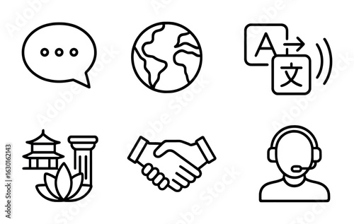 Multicultural Icon Set. Outline icon set of multicultural communication: language bubble, global map,