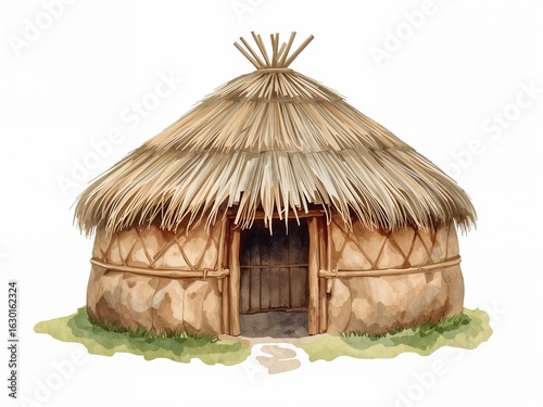 Rustic Peruvian Andean hut with woven textures in watercolor painting on plain white background