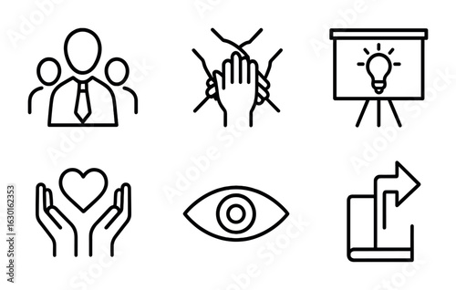 Inclusive Leadership Icons. Outline icon set of inclusive leadership: leader icon, listening ear, group hand,