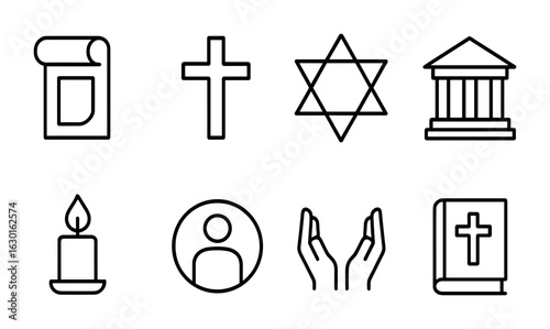 Faith Symbols Collection. Outline icon set of faith and belief inclusion: prayer mat, cross icon, star of
