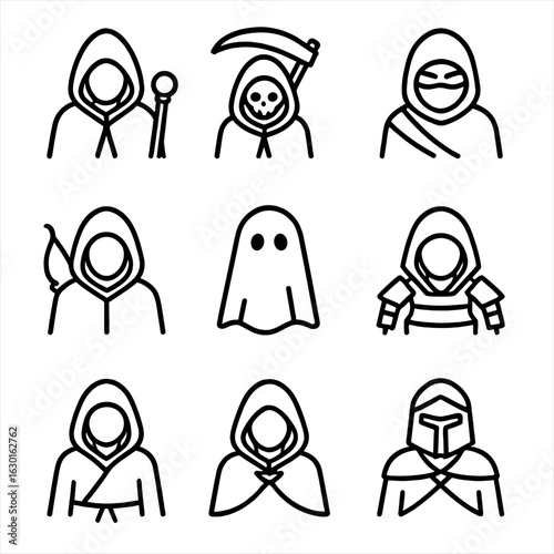 Hooded Icons Grid. Outline icon set of hooded characters: hooded mage, hooded reaper, hooded rogue, hooded hunter, hooded ghost,
