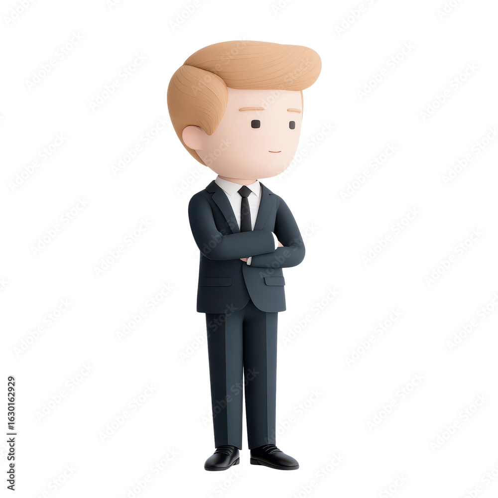 Stylish businessman character with modern suit and confident stance on white background for corporate concepts Stylish businessman character with modern suit and confident stance on white background for corporate concepts