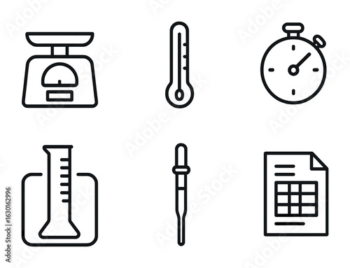 Chemistry Measurement Icons. Outline icon set of chemistry measurements: weighing scale, digital thermometer,