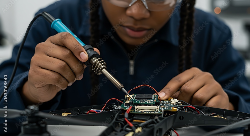Naklejka premium Electronic Assembly: A Young Engineer's Precision