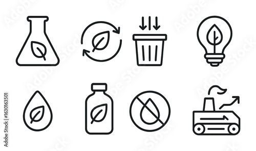 Green Chemistry Icons. Outline icon set of green chemistry: eco flask, renewable icon, waste reduction, energy