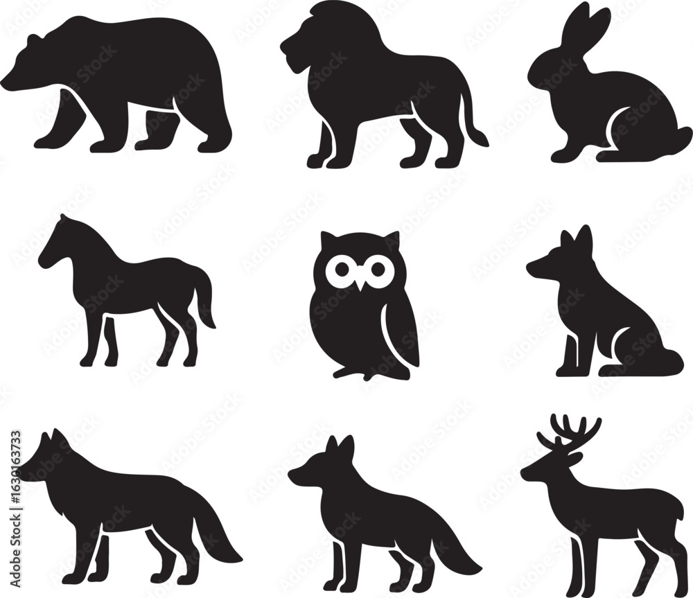 Obraz premium Bold Black Animal Silhouettes - Diverse Pack of Wildlife Icons for Travel, Adventure, and Nature Designs.