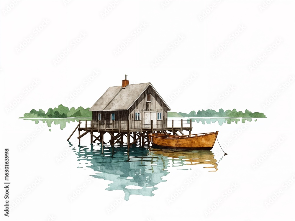 Fototapeta premium Boathouse on water in ink and watercolor painting on plain white background