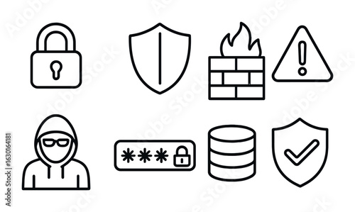 Security Breach Prevention Icons. Outline icon set of security breach prevention: lock, shield, firewall,