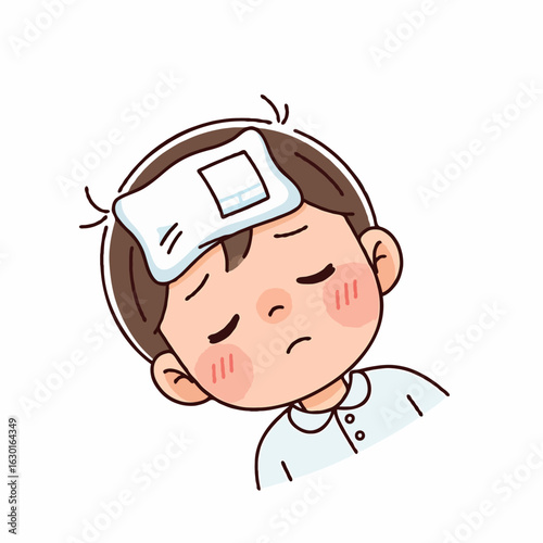 Sick Child with Fever Being Compressed on Forehead Vector Illustration