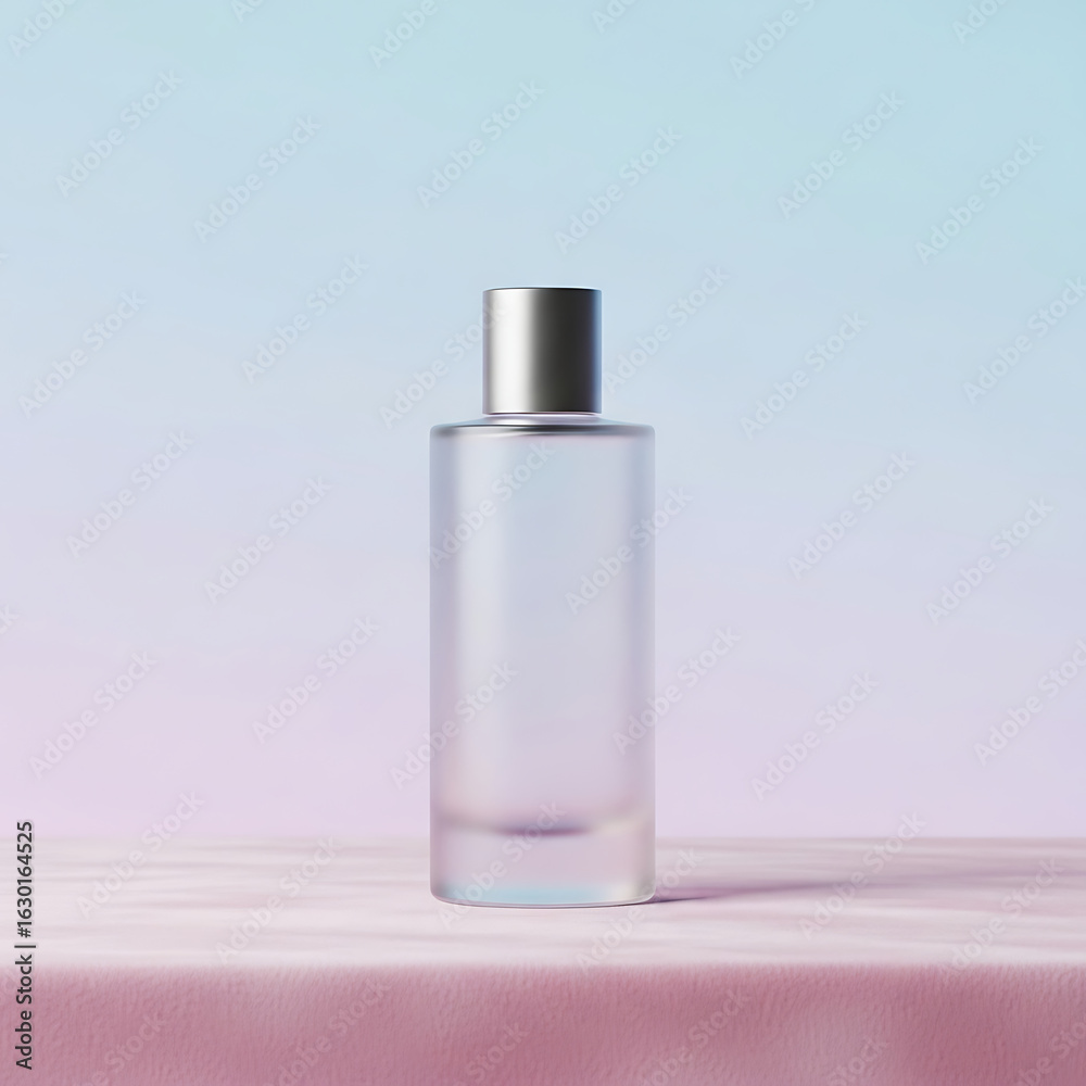 Elegant frosted glass perfume bottle on pink surface, minimalist pastel background. Elegant frosted glass perfume bottle on pink surface, minimalist pastel background.