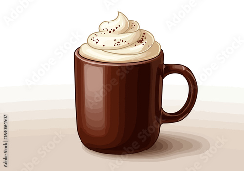 A rich brown mug of hot chocolate topped with a generous swirl of whipped cream and chocolate shavings.