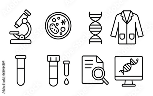 Medical Research Icons. Outline icon set of medical research: microscope, petri dish, DNA, lab coat, test tube