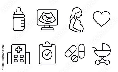 Pregnancy Care Icons. Outline icon set of pregnancy care: baby bottle, ultrasound, pregnant woman, heart,