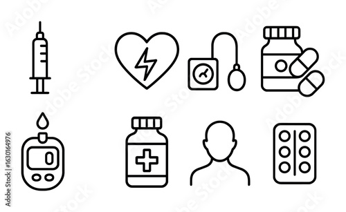 Chronic Disease Icons. Outline icon set of chronic disease: insulin, heart, blood pressure, pills, diabetes,