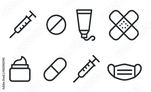 Medical Treatment Icons. Outline icon set of medical treatments: injection, tablet, cream, bandage, ointment,
