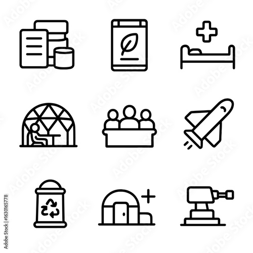 Human Colony Icon Set. Outline icon set of human colony management: resource inventory, food ration pack, medical bay, recreation