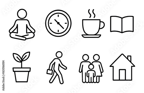 Work-Life Balance Icons. Outline icon set of work-life balance: yoga pose, clock, coffee cup, book, plant,