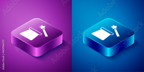 Isometric Magic hat and wand icon isolated on blue and purple background. Magic trick. Mystery entertainment concept. Square button. Vector
