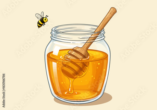 Adorable cartoon bee flies towards a jar of golden honey with a wooden dipper.
