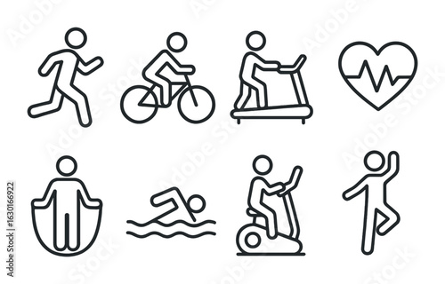 Cardio Workout Icons. Outline icon set of cardio exercises: running, cycling, treadmill, heart rate, jump rope