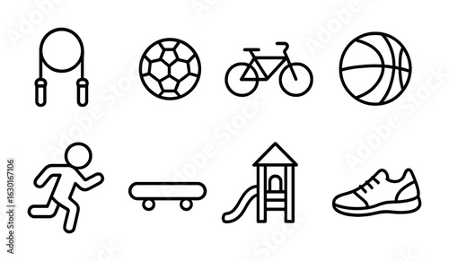 Kids' Activity Icons. Outline icon set of physical activity for kids: jump rope, soccer ball, bike, basketball