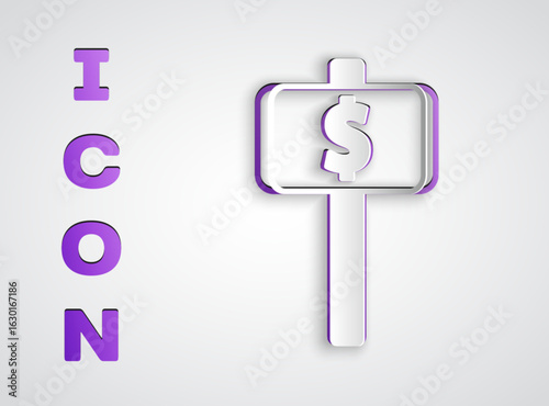 Paper cut Hand holding auction paddle icon isolated on grey background. Bidding concept. Auction competition. Hands rising signs with BID inscriptions. Paper art style. Vector