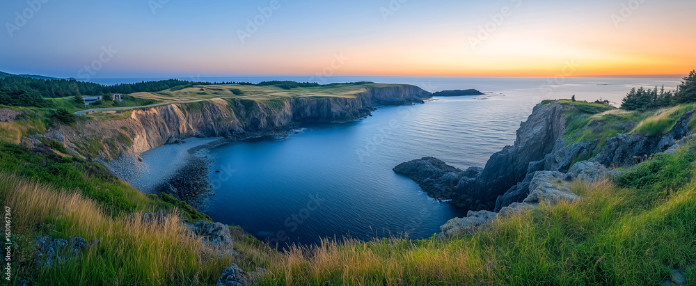 Fototapeta premium Scenic coastal view at sunset with cliffs and ocean waves
