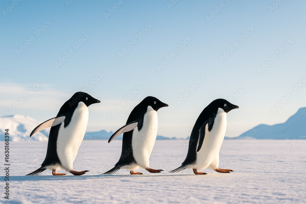 Obraz premium Three penguins walking across the icy landscape in antarctica