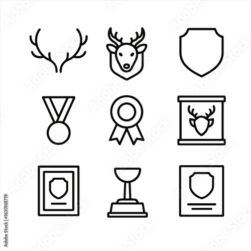 Hunting Trophy Icons. Outline icon set of hunting trophies: antlers, mounted head, trophy plaque, medal, ribbon, trophy case,
