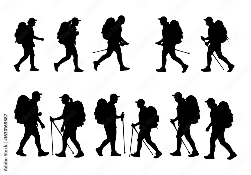 Obraz premium Dynamic silhouette of hikers with backpacks, perfect for adventure travel and outdoor lifestyle designs