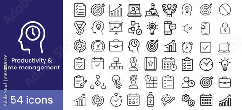 Productivity and time management icon set for work efficiency, with a plan, schedule, and focus to achieve a task goal in 54 line style illustrations.

