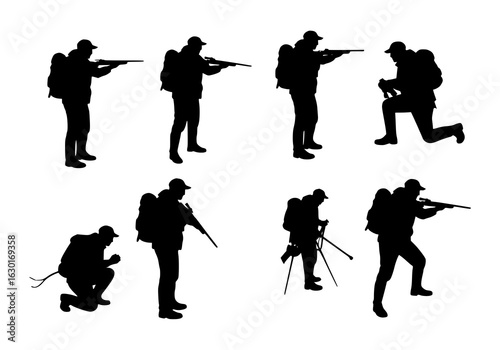 Hunter aiming rifle silhouette, outdoor adventure, sport shooting, wildlife hunting expedition, skilled marksman