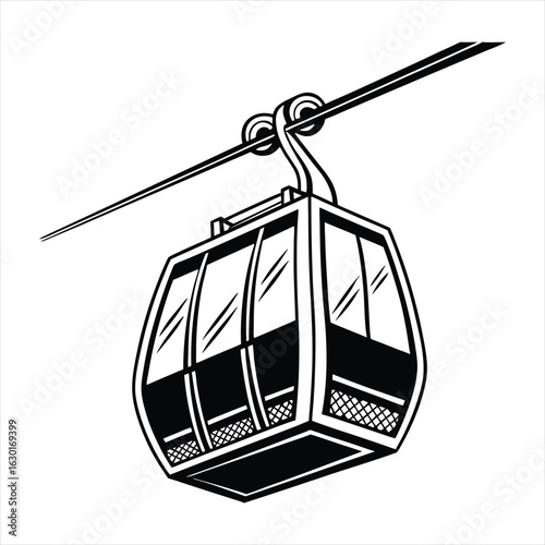 A black and white illustration of a ski lift gondola cabin in a distinctive silhouette style