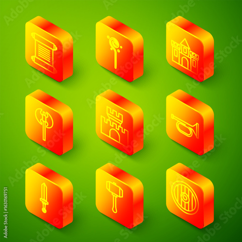 Set line Decree, parchment, scroll, Magic staff, Castle, fortress, Medieval axe, Trumpet, sword and Hammer icon. Vector