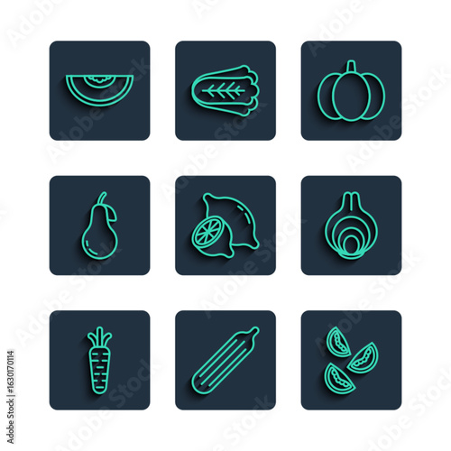 Set line Carrot, Fresh cucumber, Tomato, Pumpkin, Lemon, Pear, Melon fruit and Onion icon. Vector