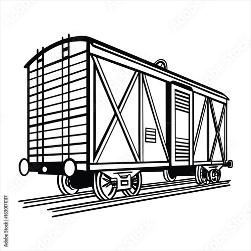 A detailed line drawing of a vintage boxcar train car in a silhouette style