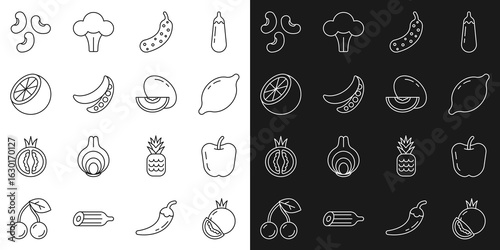 Set line Tomato, Apple, Lemon, Fresh cucumber, Green peas, Orange fruit, Beans and Melon icon. Vector