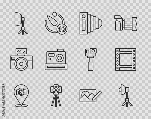 Set line Photo camera, Softbox light, retouching and Camera roll cartridge icon. Vector