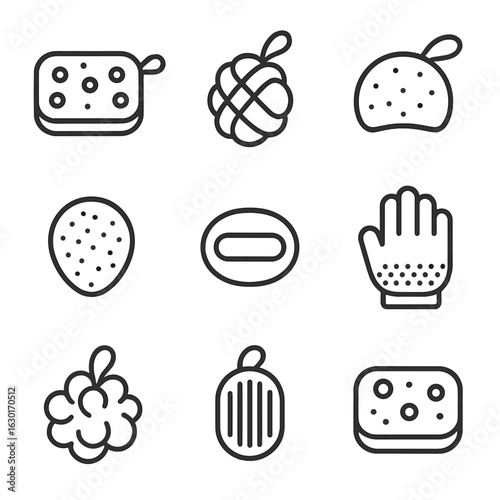 Hygiene Sponge Icons. Outline icon set of personal hygiene sponges: bath sponge, loofah, konjac sponge, facial sponge, body scrub