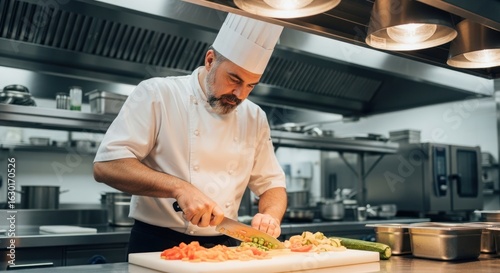 A chef in a professional kitchen, preparing food with a knife.