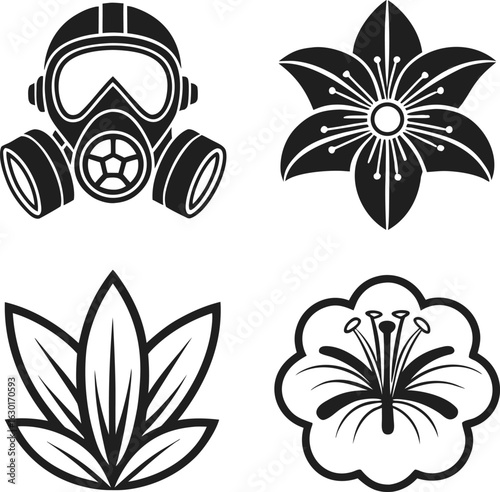 Gas, mask, flower, icon, set, contrast, silhouette, vector, black, isolated, illustration, design, post, apocalyptic, nature, pollution